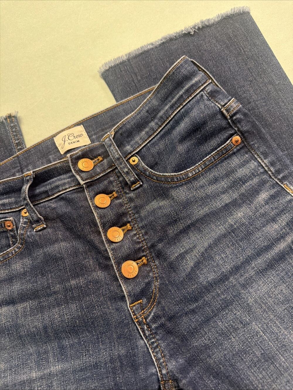 J Crew Billie Demi Boot Crop Jeans Womens 24 Button Fly High Rise Blue Denim